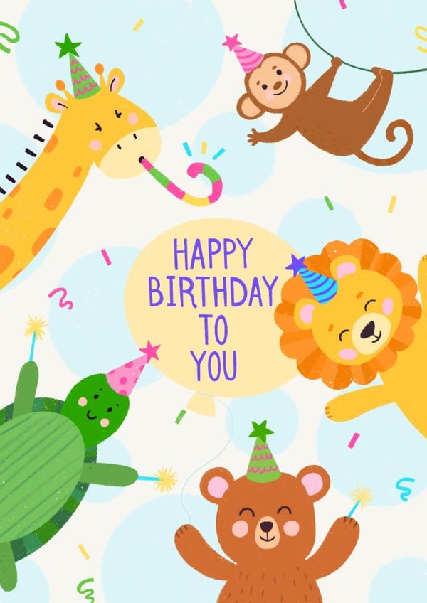 Children's birthday card with funny animals created by Anna Araslanova