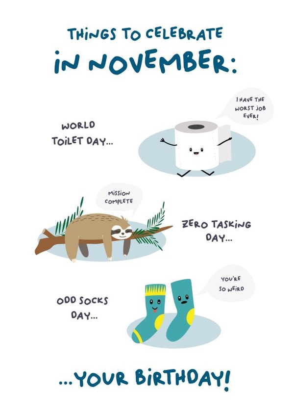 Things to celebrate in November card created by PaperJam Print Co.