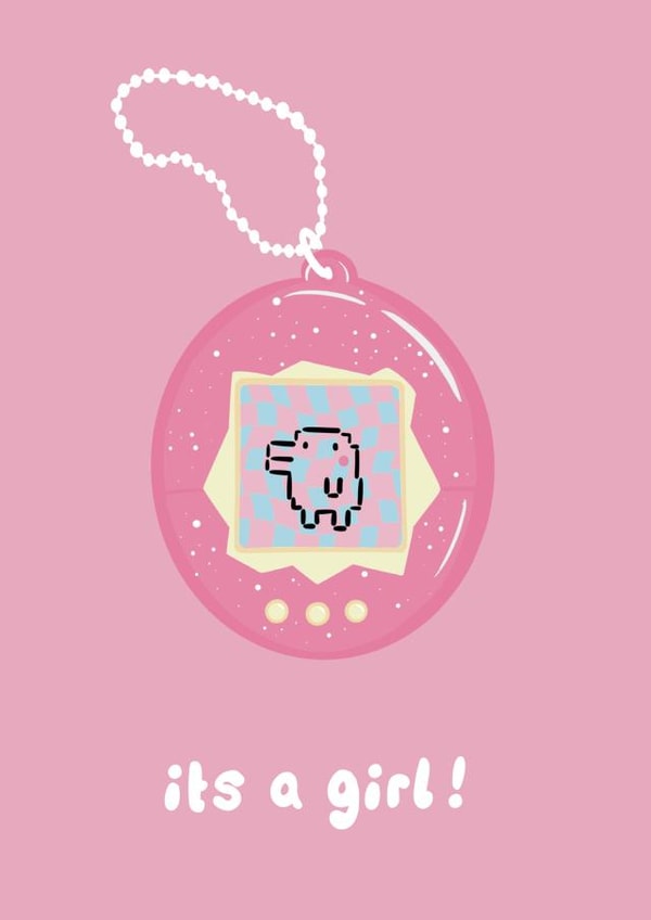 Funny Retro 90s-inspired Tamagotchi New Baby Girl Greeting Card created by Lucy Maggie Designs