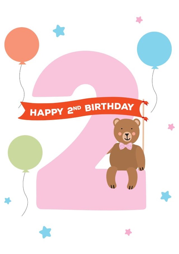 Cute Kids 2 pink 2nd Birthday card with bear, birthday balloons and stars created by Hello Fridays Studio