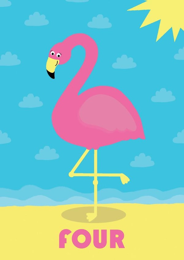 Number Four 4 Age Flamingo birthday Card with Beach and Clouds - Kids - Children created by Lucy Maggie Designs