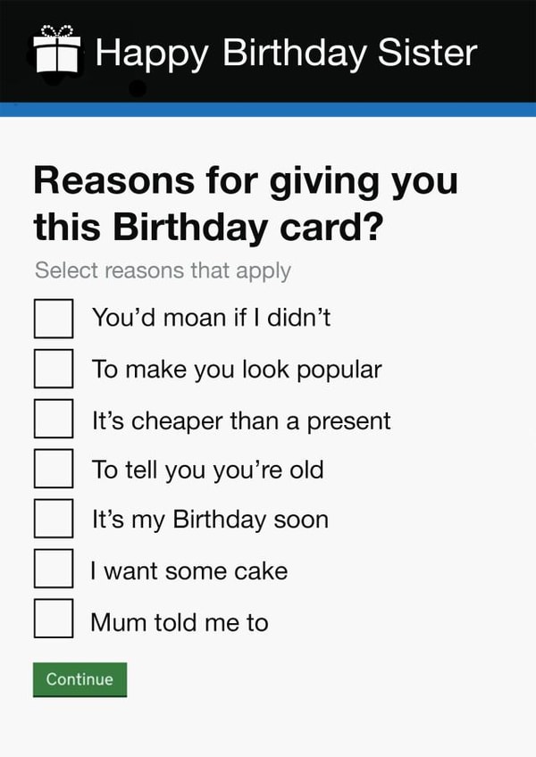 Sister Birthday Card | Cheeky | Funny | Government Gateway Form created by Pottsy Prints