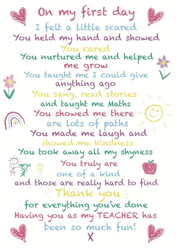 Heartfelt Poem Thank You Card - Teacher - Rainbows & Hearts - On My First Day I Felt A Little Scared You Held My Hand And Showed You Cared created by Rosie bees craft box