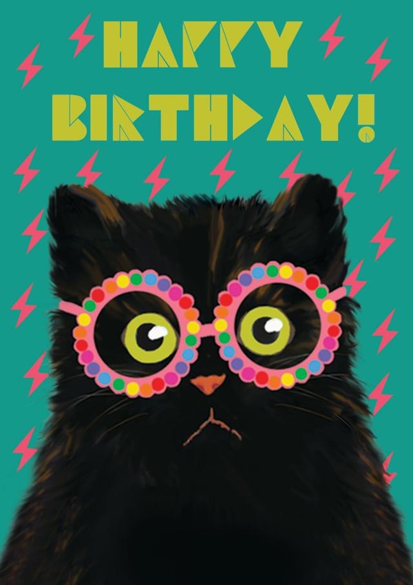 Black Cat Wearing Glasses Happy Birthday Card created by @ChildstarSamantha