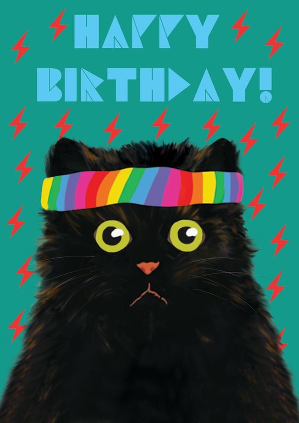 Black Cat with Rainbow Sweatband Birthday Card created by @ChildstarSamantha