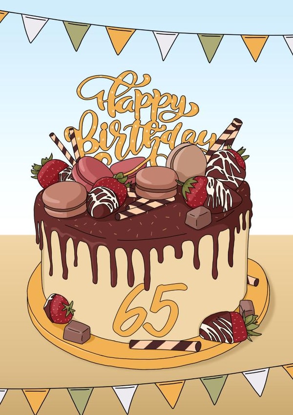 Chocolate cake 65th Birthday card created by Evie Garnett Designs