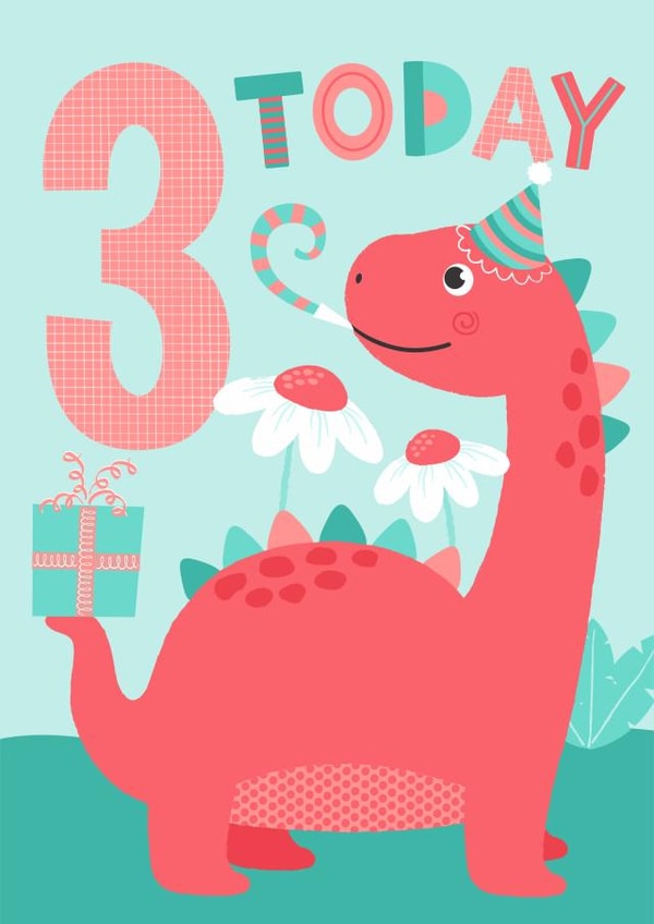 Dinosaur Birthday Card for Girls turning 3 created by Tanya Laporte Designs