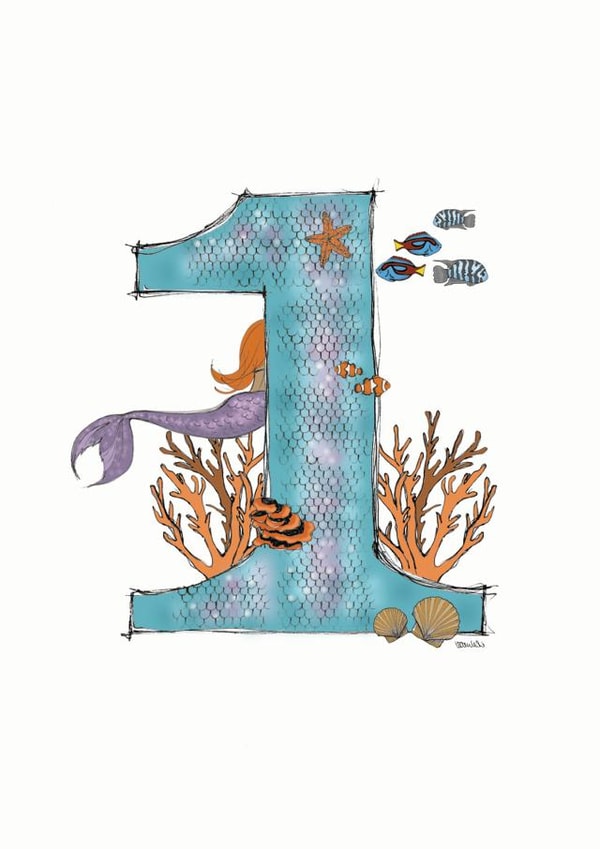Happy 1st Birthday illustrated mermaid card created by Helen Leslie Illustrator