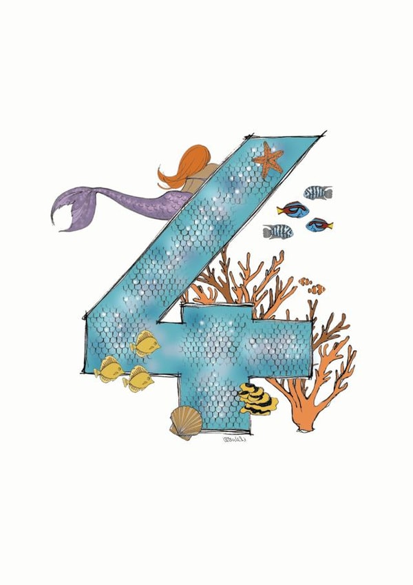 Happy 4th Birthday illustrated mermaid card created by Helen Leslie Illustrator