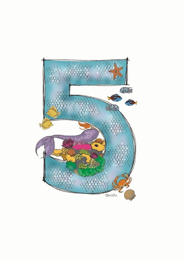 Happy 5th Birthday illustrated mermaid card created by Helen Leslie Illustrator