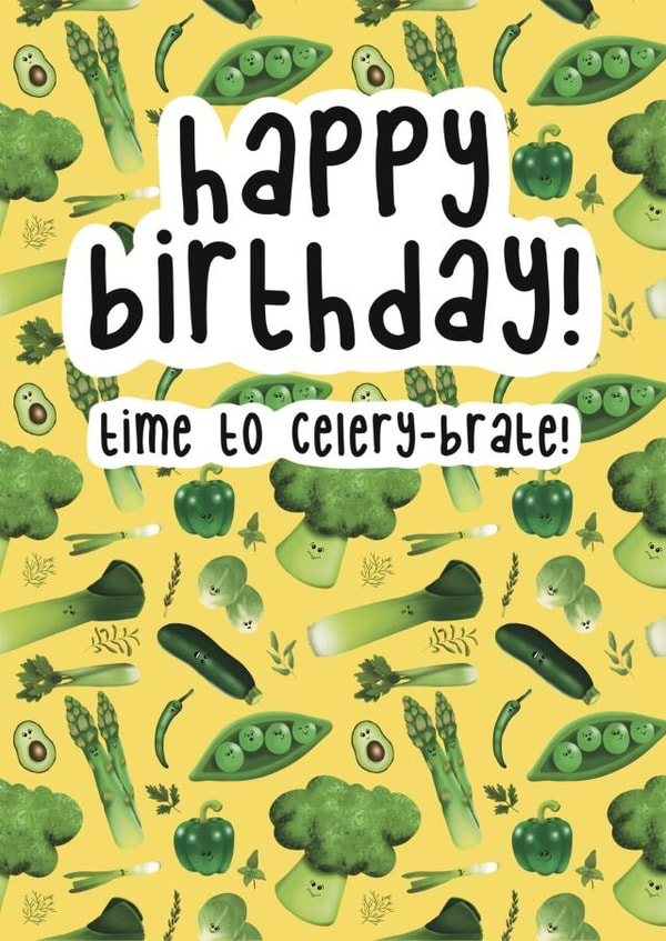 Happy birthday veg ‘celery-brate’ pun card created by Jen James