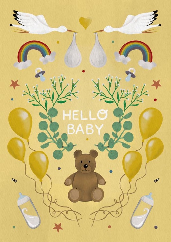 Hello baby teddy bear and balloons card created by Art by Reebee