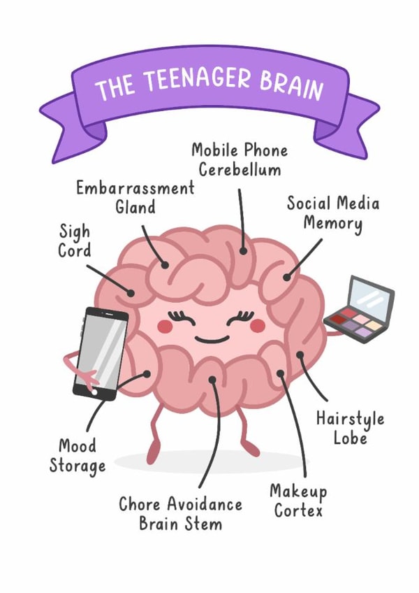 Funny teenage girl brain Birthday card created by Evie Garnett Designs