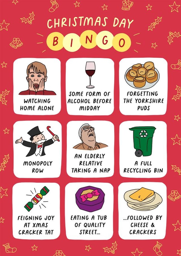 Funny Christmas Day Bingo card created by Evie Garnett Designs