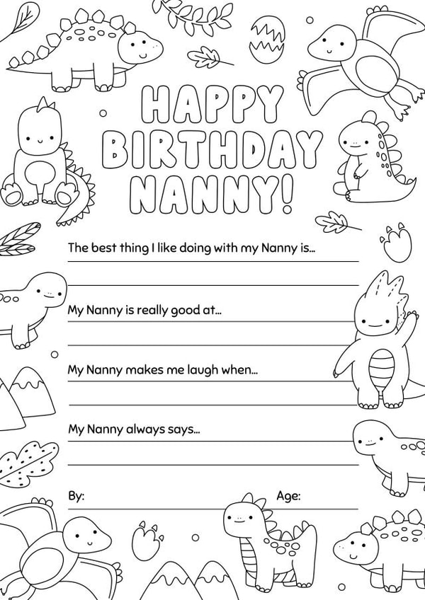 Birthday Colouring-in Dinosaur Card for Nanny 1001 created by Evie Garnett Designs
