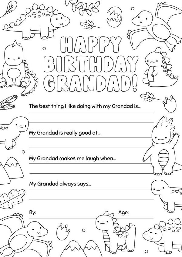 Birthday Colouring-in Dinosaur Card for Grandad 1002 created by Evie Garnett Designs