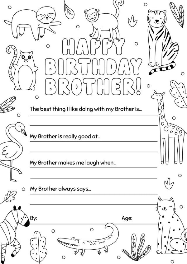 Birthday Colouring-in Animals Card for Brother 1002 created by Evie Garnett Designs