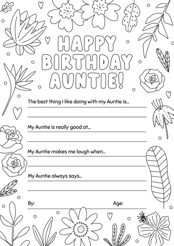 Birthday Colouring-in Flowers Card for Auntie 1001 created by Evie Garnett Designs