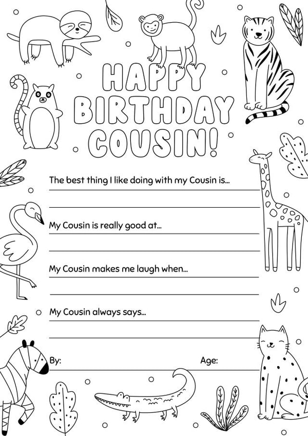 Birthday Colouring-in Animals Card for Cousin 1001 created by Evie Garnett Designs