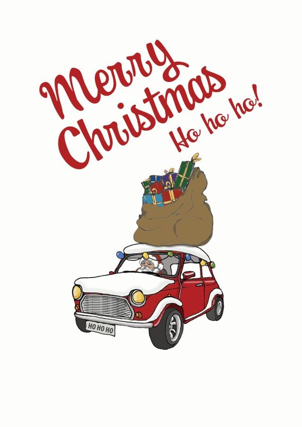 Retro Merry Christmas - Mini Cooper - Santa Claus card created by Helen Leslie Illustrator