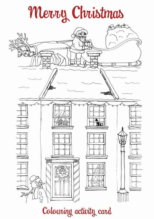 Merry Christmas Santa and reindeer colouring-in activity card created by Helen Leslie Illustrator