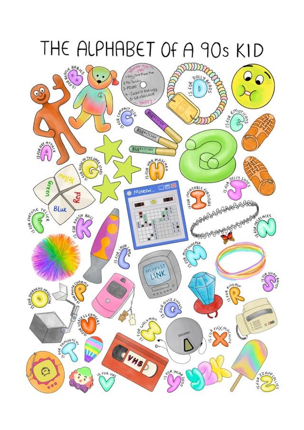 The alphabet of a 90s kid birthday card created by Verity sparks
