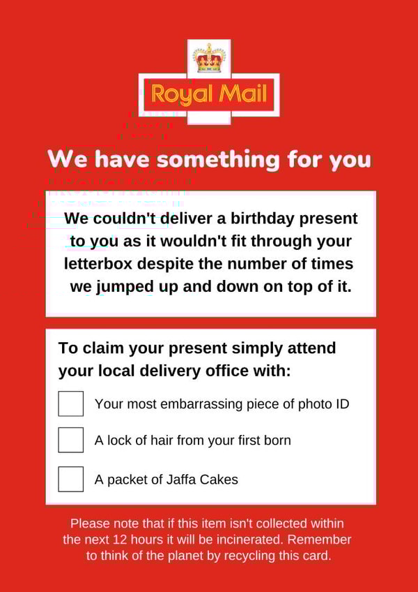 Funny Royal Mail birthday card created by Dangerous Dave