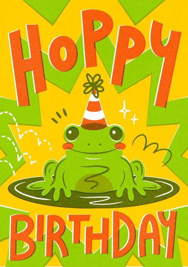 Cute Happy Birthday Card - Party Frog - Hoppy Birthday created by Angharad Ffion Design 