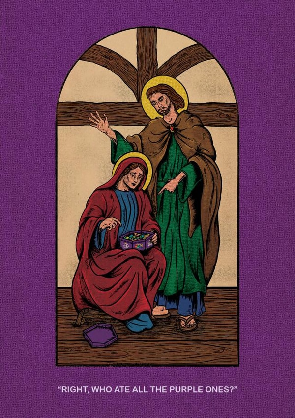 Funny Illustrated Christmas Card - Chocolate - Who ate all the Purple Ones created by Cards by Lee