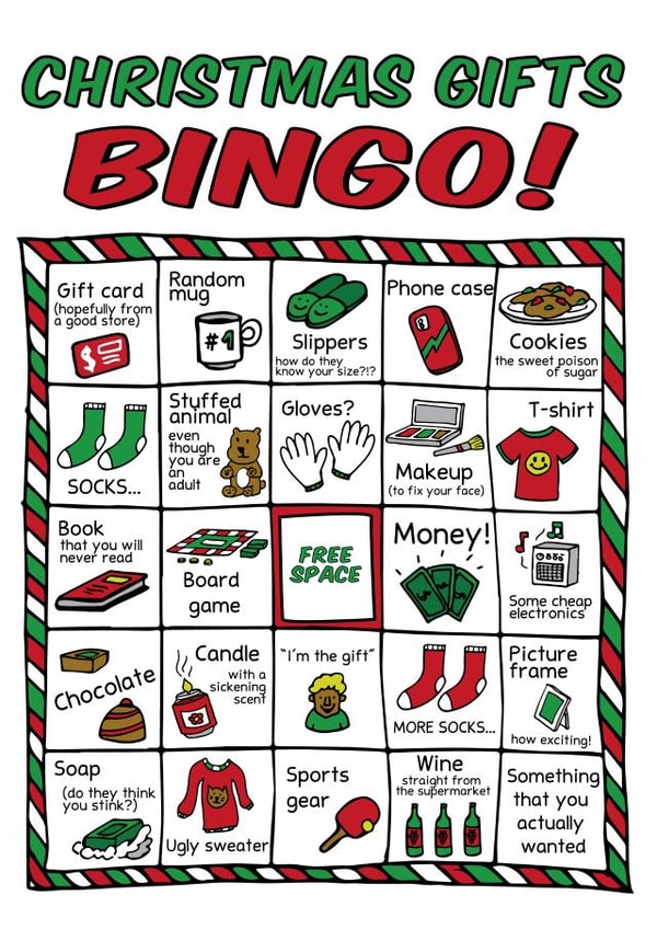 Funny Christmas Gifts Bingo - Interactive Fun Card For The Holidays - Hand Drawn created by Just Kidding Cards
