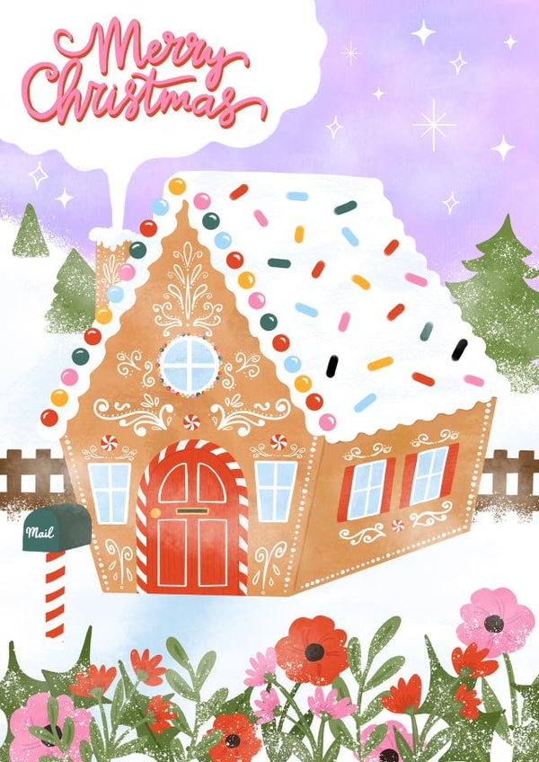 Merry Christmas Gingerbread House Card | Holiday Card for family created by @tikkled.pink
