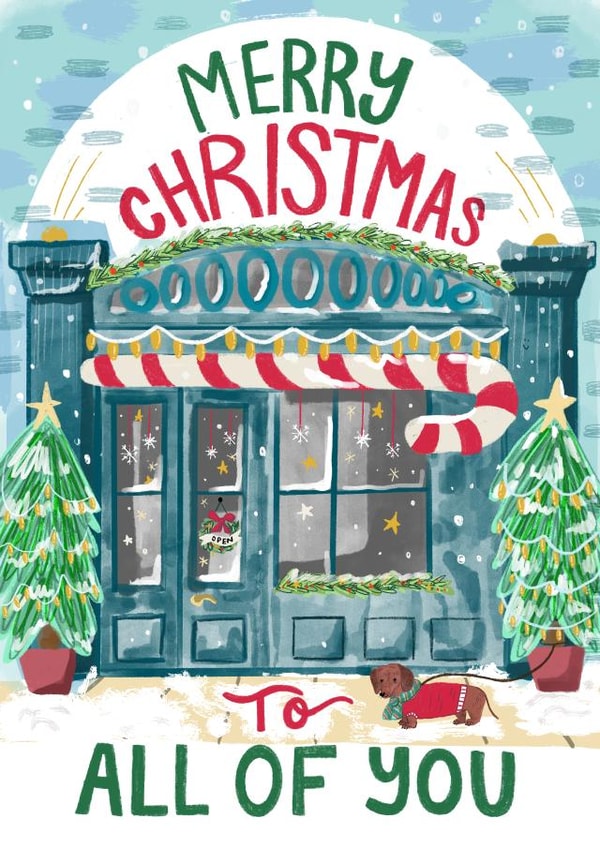 Cute Christmas shop card with a dachshund created by Faye Finney