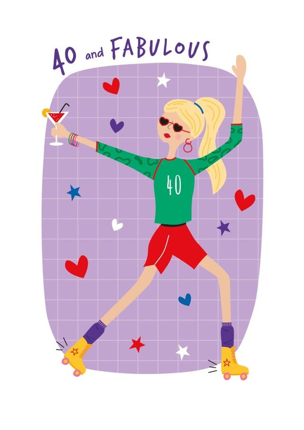 40th Birthday Card Age Forty - Roller-skate Cocktail Disco - 40 and Fabulous created by Little Stringers