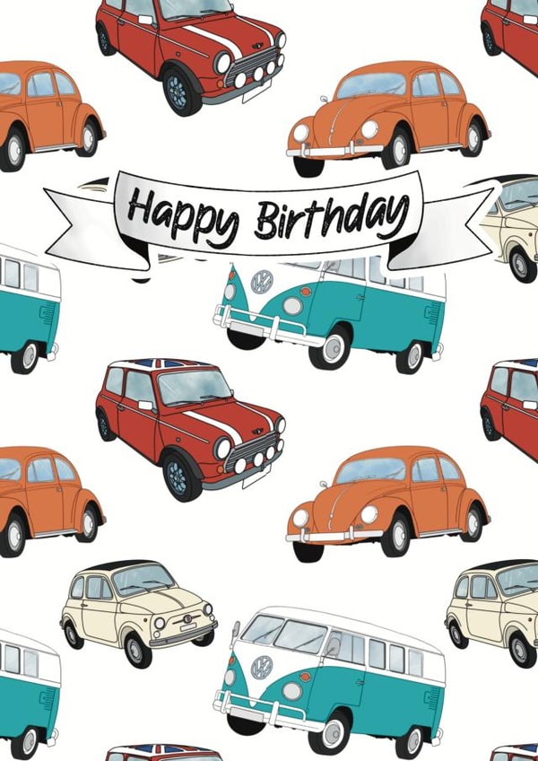 Classic Car Birthday Card - Mini Cooper, Fiat 500, VW Campervan & Beetle Lover created by Crafting By Cali