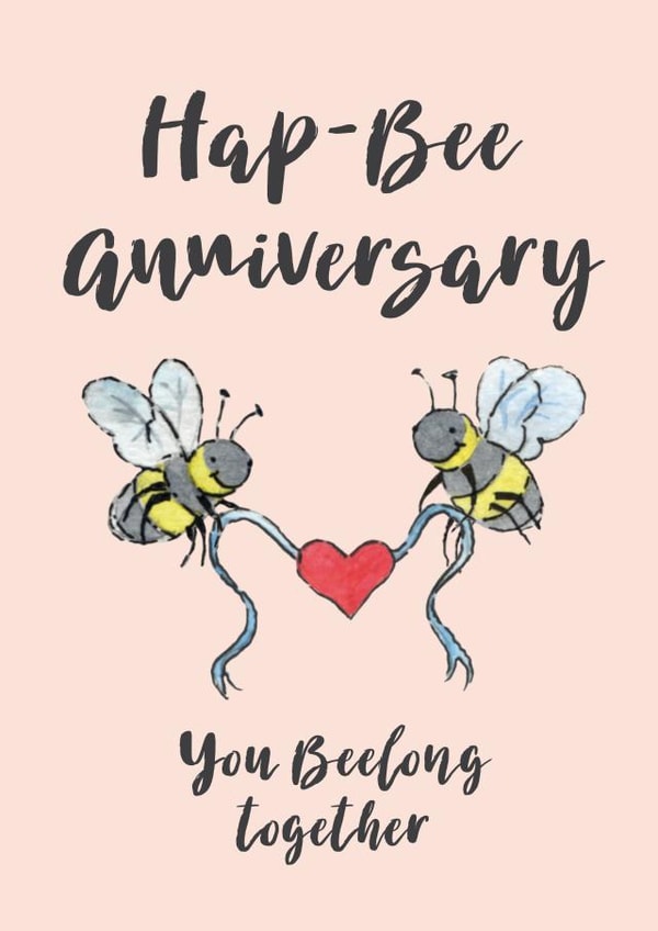 Anniversary card for a lovely couple featuring cute bees holding a heart. created by Helen Morgan Illustration