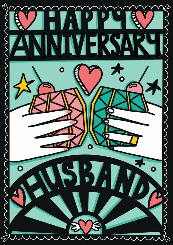 COOL ANNIVERSARY CARD FOR HUSBAND. PAPERCUT COOL STYLE PERFECT FOR HIM. created by NICHOLA COWDERY ILLUSTRATIONS