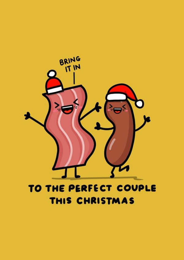 FUNNY PIGS IN BLANKET CHRISTMAS CARD FOR COUPLES. created by NICHOLA COWDERY ILLUSTRATIONS 