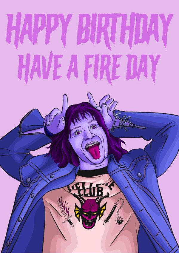 Stranger Things Happy Birthday Card - Eddie Munson - Have a Fire Day created by Morgan Masters