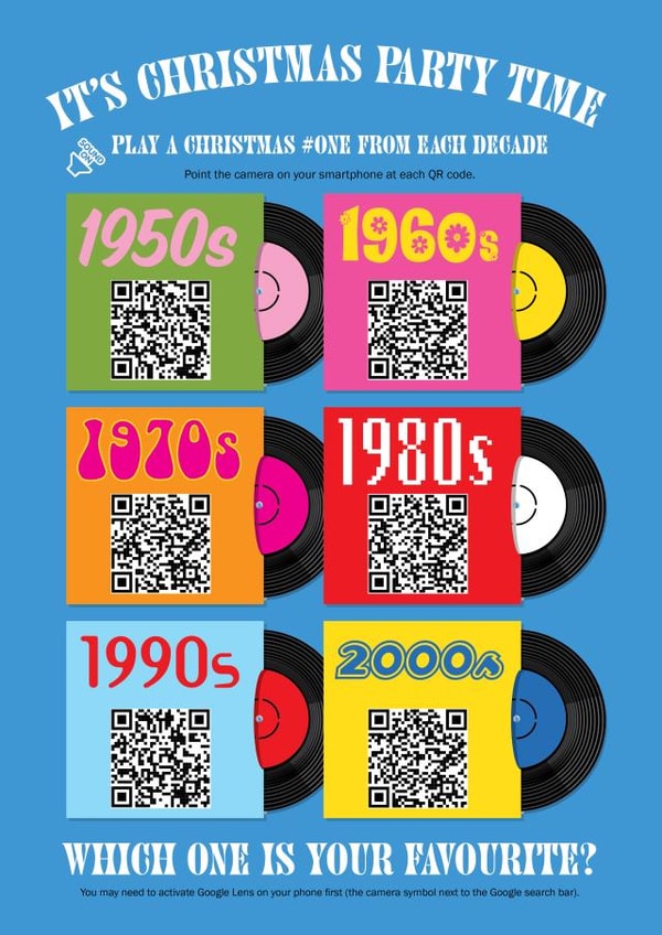 Christmas card with QR codes to play Christmas #1 hits from each decade created by Sarah Hyndman