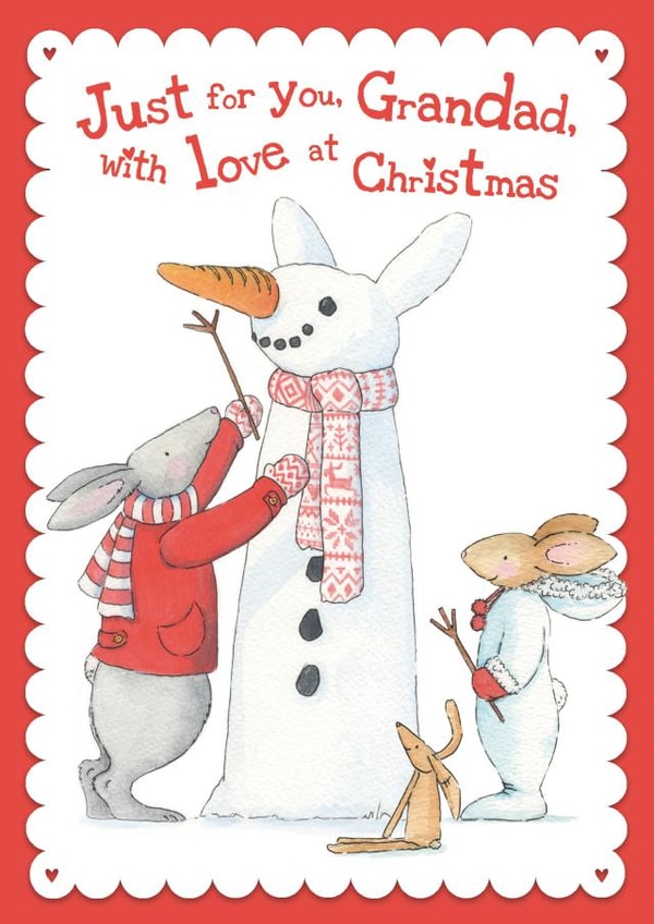 Cute Christmas Card for Grandad - Bunnies Making a Snowbunny - Just for you created by Helen Morgan Illustration
