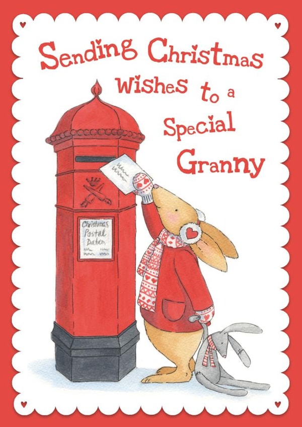 Cute Christmas Card For A Special Granny Bunny Posting A Card In An Old Post Box created by Helen Morgan Illustration