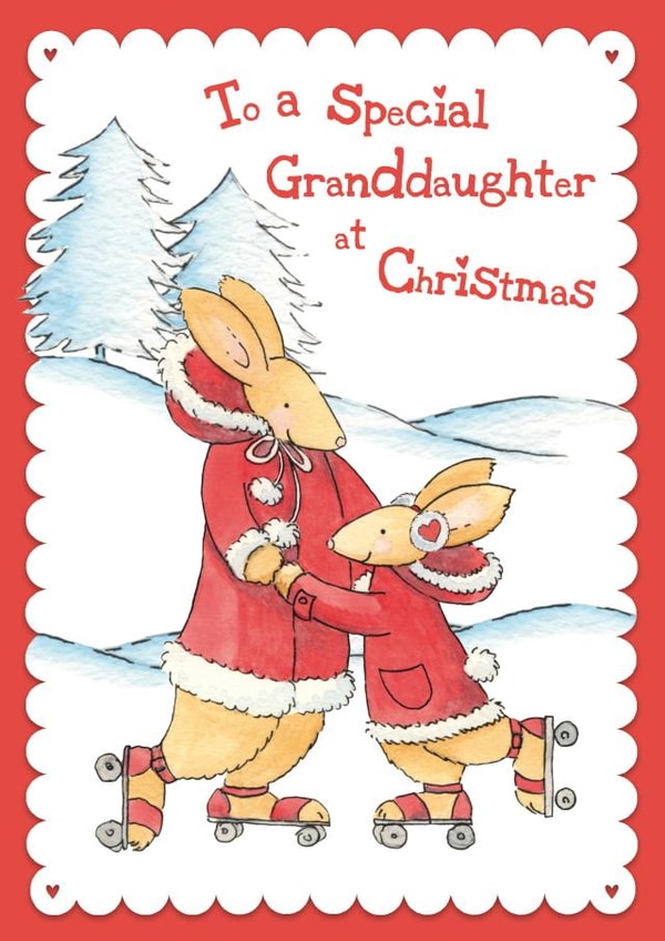 Cute Christmas Card For A Special Granddaughter - Bunnies Roller Skating created by Helen Morgan Illustration