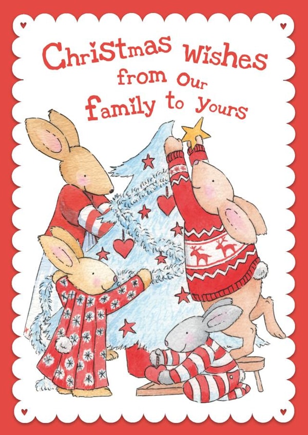 Cute Christmas Card For A Special Family - Bunny Family Decorating The Tree created by Helen Morgan Illustration