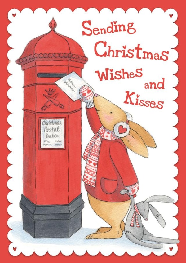 Cute Christmas Card For A Special Friend Bunny Posting A Card In An Old Post Box created by Helen Morgan Illustration
