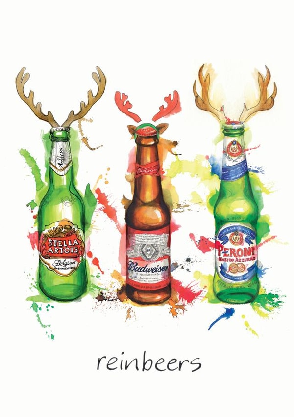 Funny Christmas card for beer drinker - Reinbeers created by Georgina Luck Illustration