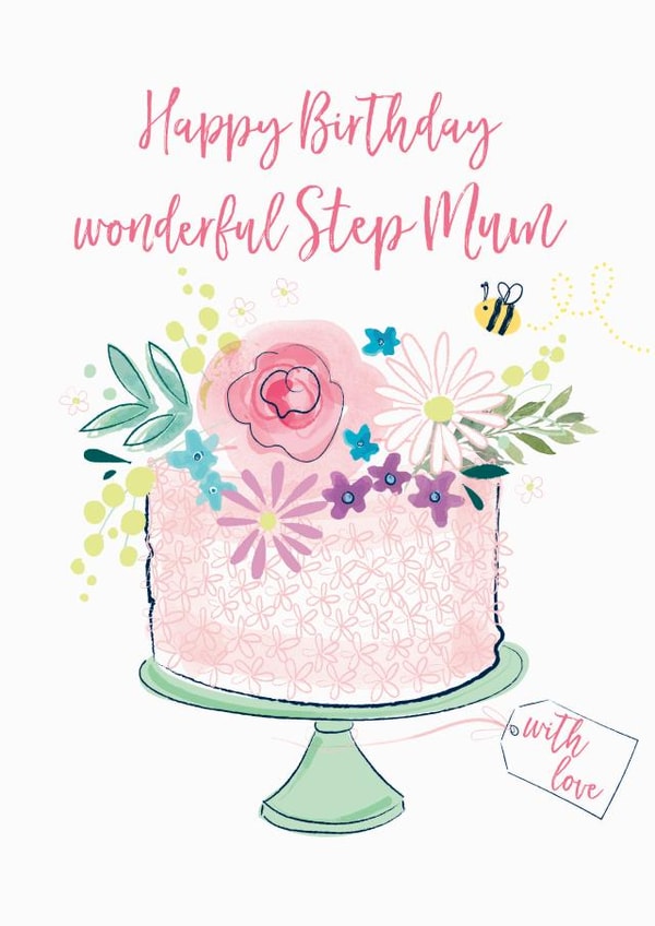 Pretty birthday cake design, with hand painted elements for a special Step Mum. created by Katie Phythian Design