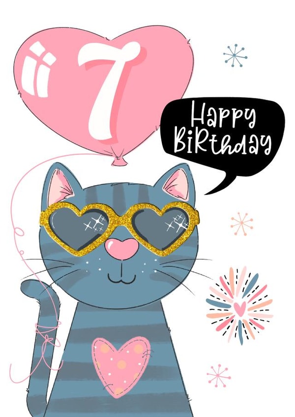 Cool cat sunglasses - 7th Birthday card - hearts and balloon - fun for her created by Little Cat Creates