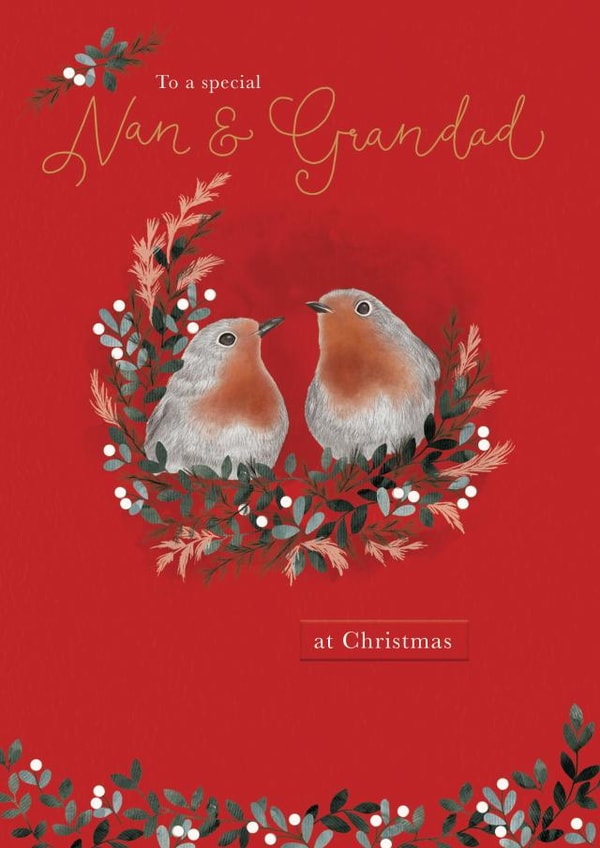 Traditional Christmas robins in foliage card for a special Nan and Grandad created by Sarah Hustwaite Illustration