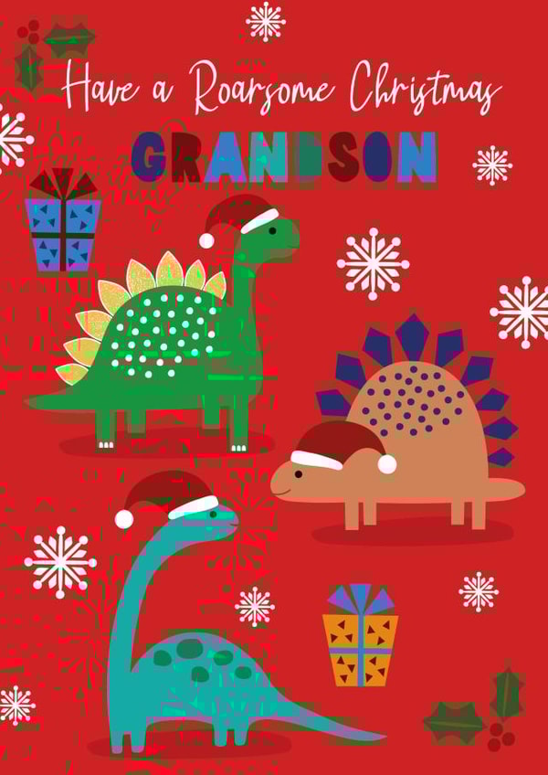 Roarsome dinosaur Christmas card for Grandson created by Sarah Corcoran 
