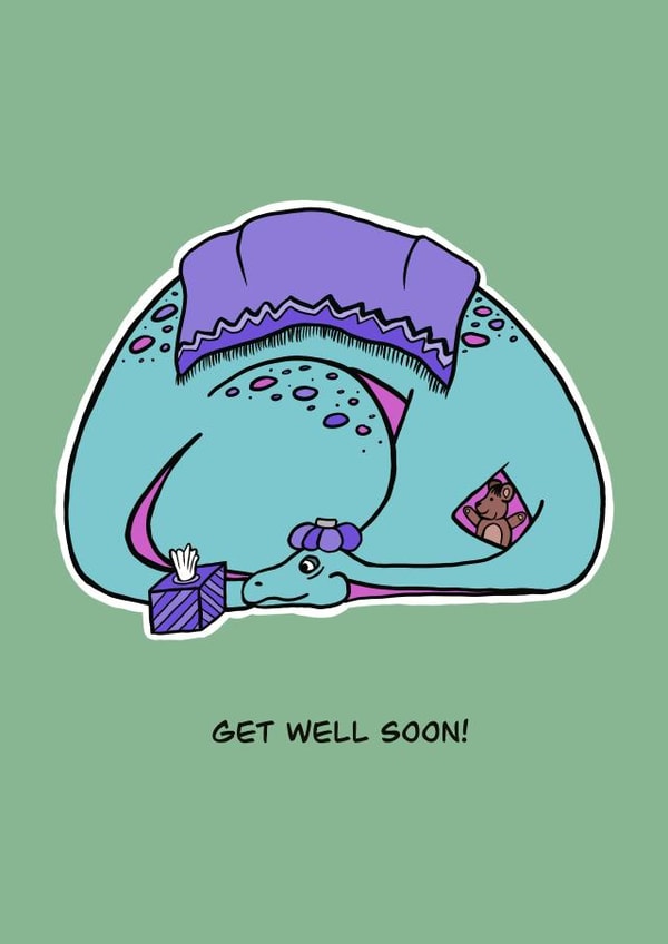 Cute Dinosaur Get Well Soon Card - Brontosaurus Feeling Unwell Blanket & Teddy created by Betty Bunny Designs